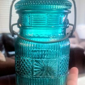 Avon Turquoise Glass Canister with Handle